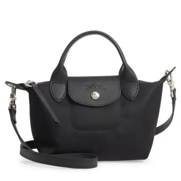 Longchamp Extra Small XS Le Pliage Crossbody Bag Black Silver Hardware